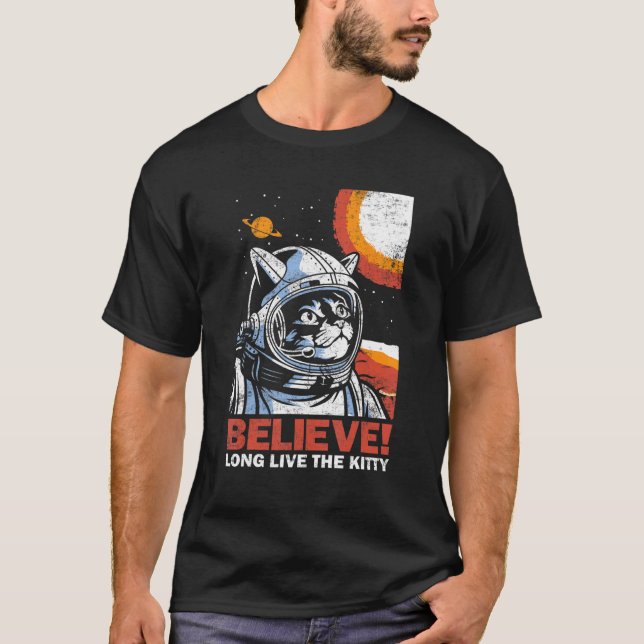 Camiseta Cat Astronaut Believe for Space Kitten   Distresse (Frente)