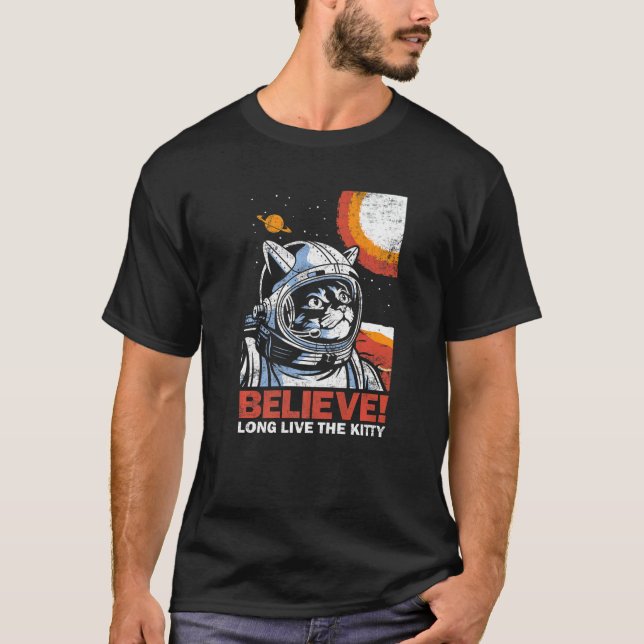 Camiseta Cat Astronaut Believe for Space Kitten  Distressed (Frente)