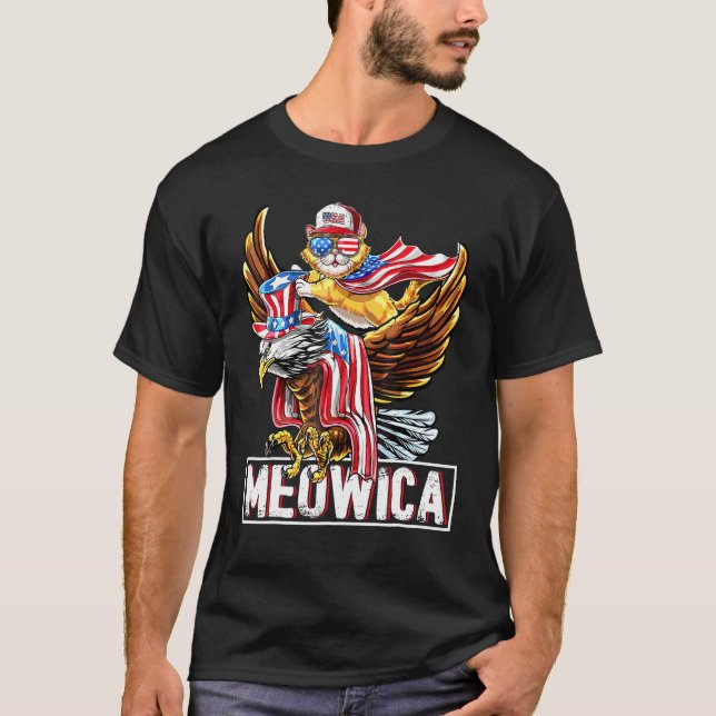 Camiseta Cat Bald Eagle American Flag Meowica 4 De Julho (Frente)