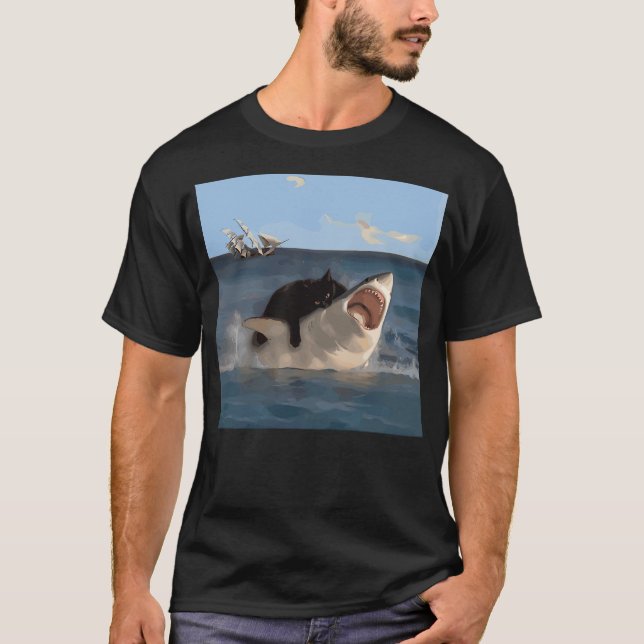 Camiseta Cat Biting Shark Funny Art and Cat Lover Funny Cat (Frente)
