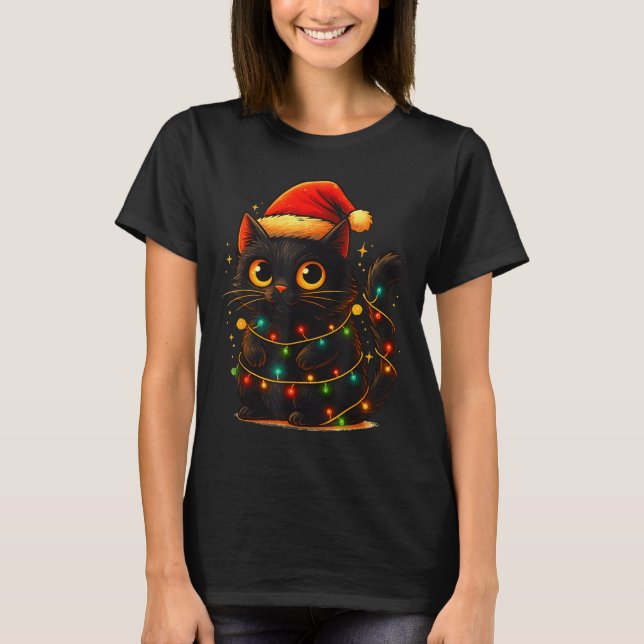Camiseta Cat Black Christmas Tree Lights Funny Santa Kitten (Frente)
