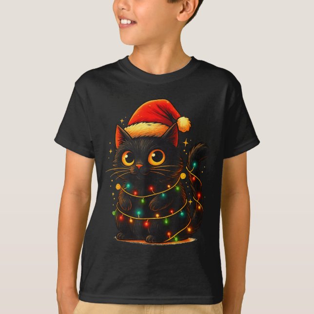 Camiseta Cat Black Christmas Tree Lights Funny Santa Kitten (Frente)