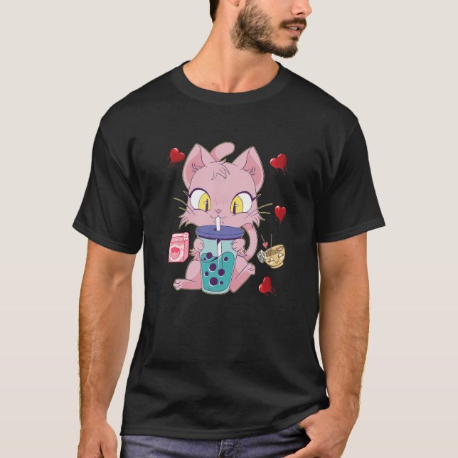 Camiseta Cat Boba Bubble Tea T Anime Kawaii Neko Strawberry (Frente)