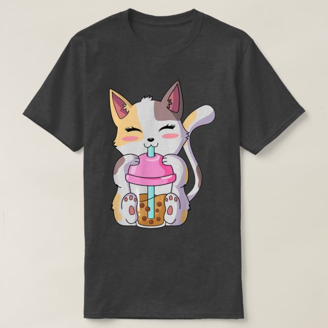 Camiseta Cat Boba Tea Anime Kawaii Neko Bubble Tea Tea Gir (Frente do Design)