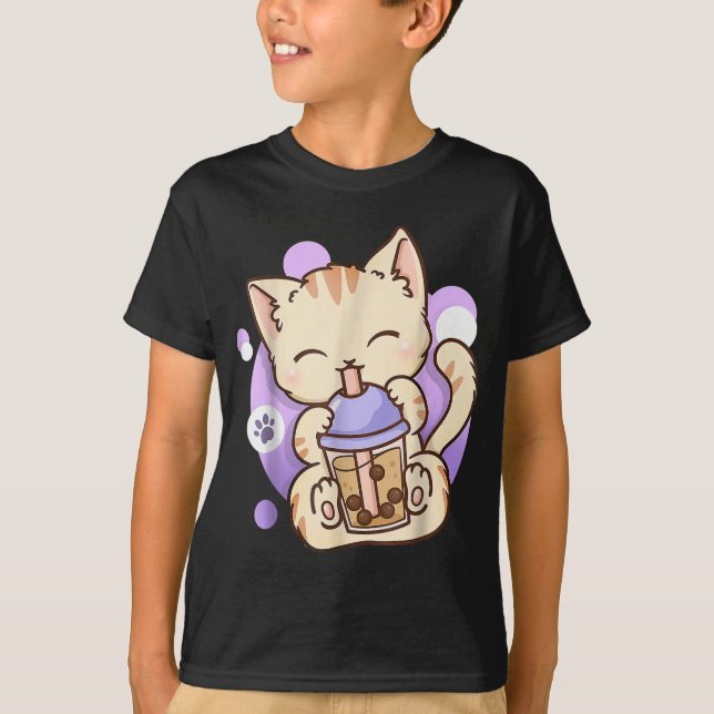 Camiseta Cat Boba Tea Bubble Tea Anime Kawaii Neko para Gar (Frente)