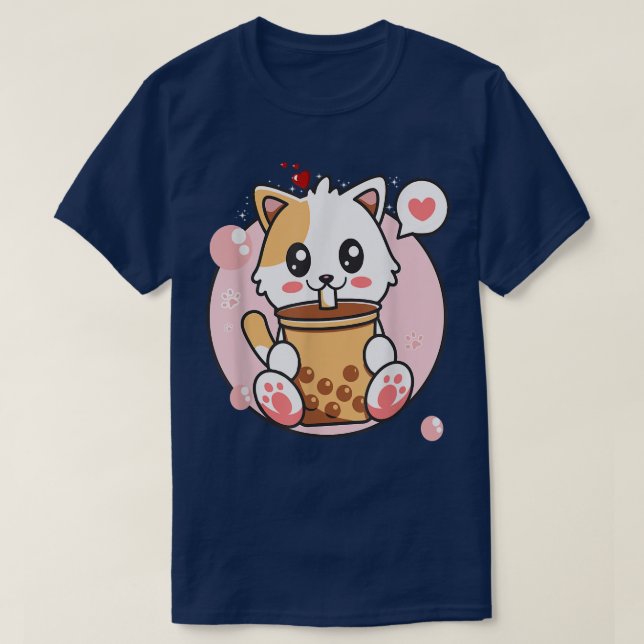 Camiseta Cat Boba Tea Bubble Tea Kawaii Anime Japonesa (Frente do Design)