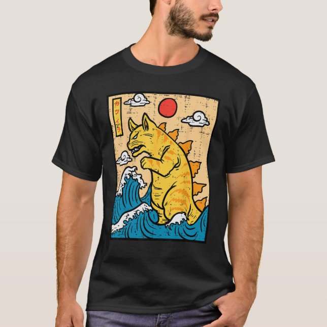 Camiseta Cat Catzilla Funny Japanese Wave Art Men Women Kid (Frente)