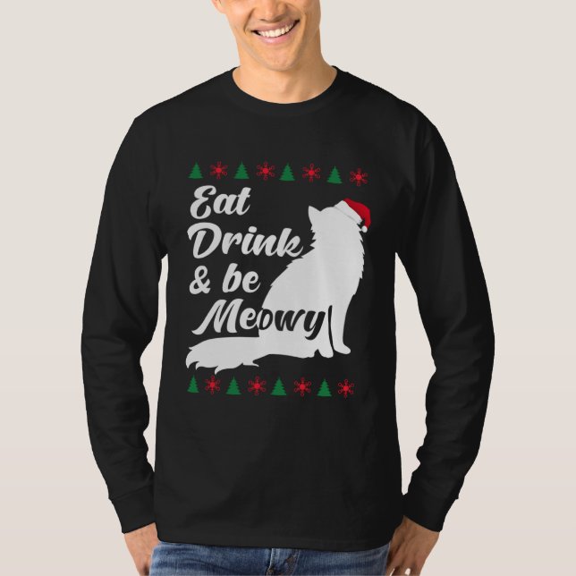Camiseta Cat  Christmas Eat Drink and Be Meowy Kitty Cats   (Frente)