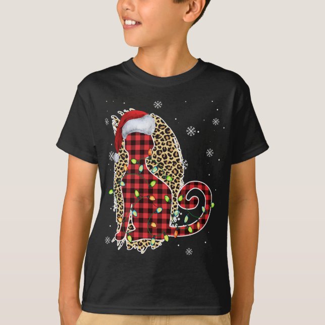 Camiseta Cat Christmas Lepard Buffalo Xadrez Red Santa Hat (Frente)