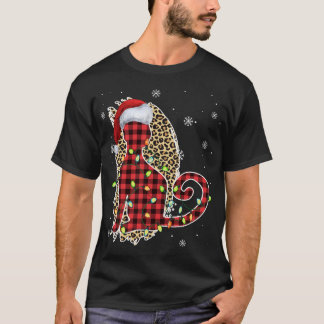 Camiseta Cat Christmas Lepard Buffalo Xadrez Red Santa Hat