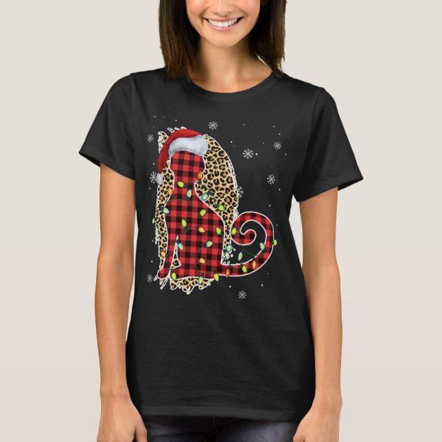 Camiseta Cat Christmas Lepard Buffalo Xadrez Red Santa Hat (Frente)