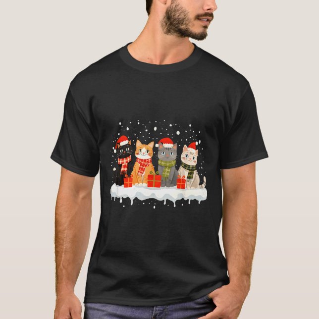 Camiseta Cat Christmas Light Reindeer Santa Christmas Cat L (Frente)
