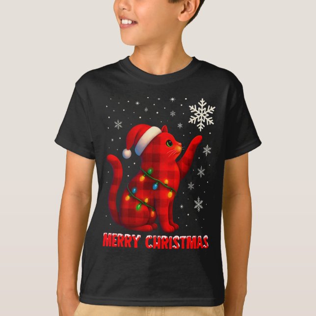 Camiseta Cat Christmas Light Reindeer Santa Christmas Cat L (Frente)