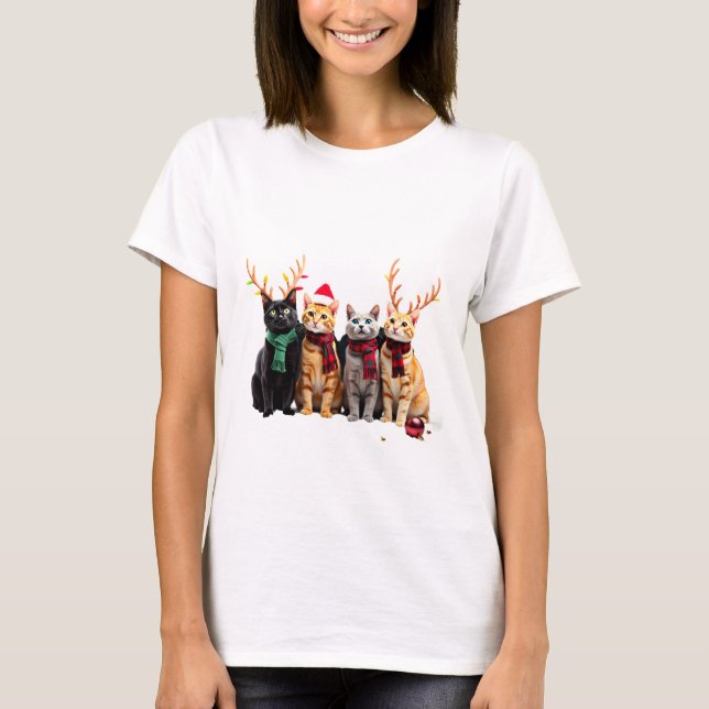 Camiseta Cat Christmas Light Reindeer Santa Christmas Cat L (Frente)