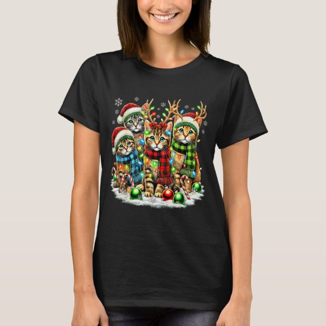 Camiseta Cat Christmas Light Reindeer Santa Christmas Cats  (Frente)