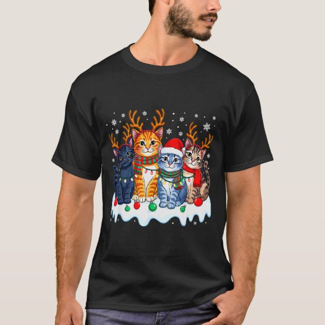 Camiseta Cat Christmas Light Reindeer Santa Christmas Funny (Frente)