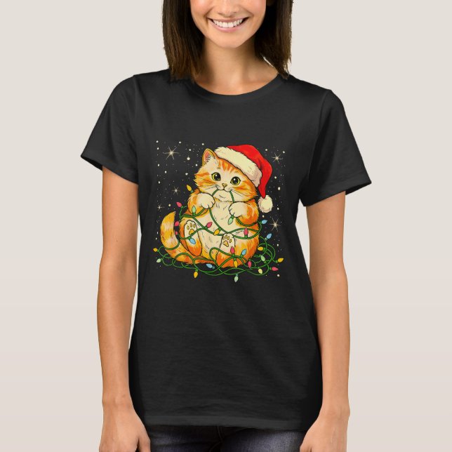 Camiseta Cat Christmas Lights Santa Hat Xmas Cats Lover Pet (Frente)