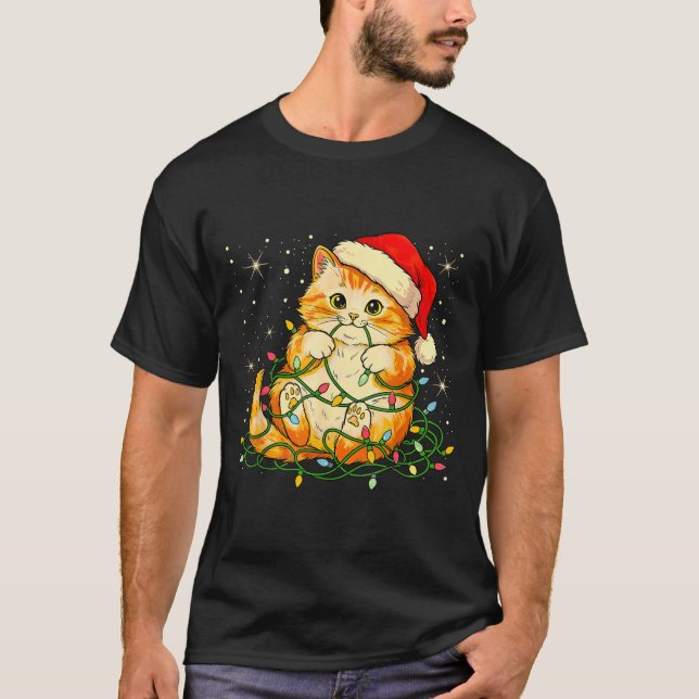 Camiseta Cat Christmas Lights Santa Hat Xmas Cats Lover Pet (Frente)