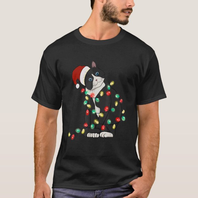 Camiseta Cat Christmas Lights Tree Santa Hat Cat Christma (Frente)