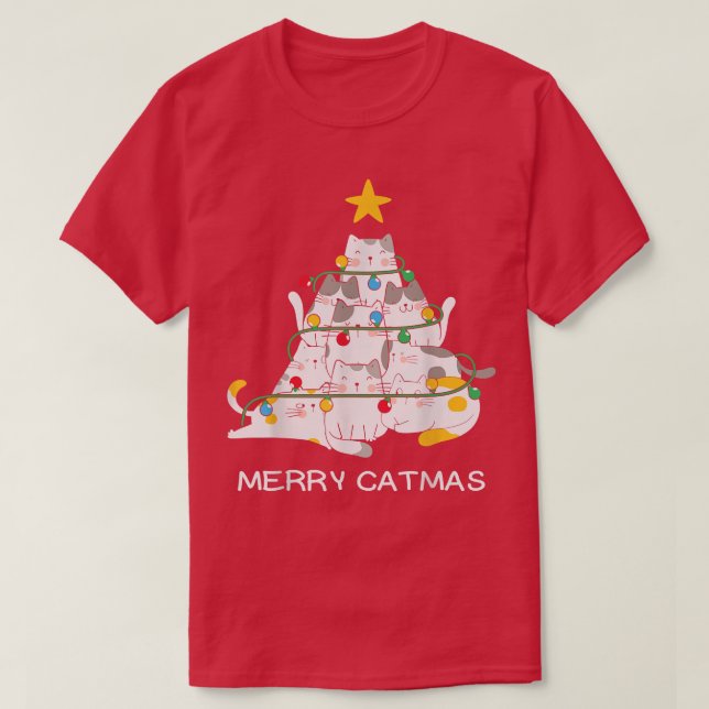 Camiseta Cat Christmas Tree Merry Catmas Meow Christmas Cat (Frente do Design)