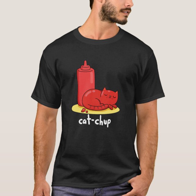 Camiseta Cat Chup Engraçado Red Ketchup Cat Pun Dark BG (Frente)