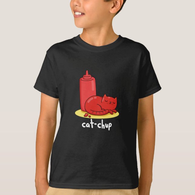 Camiseta Cat Chup Engraçado Red Ketchup Cat Pun Dark BG (Frente)