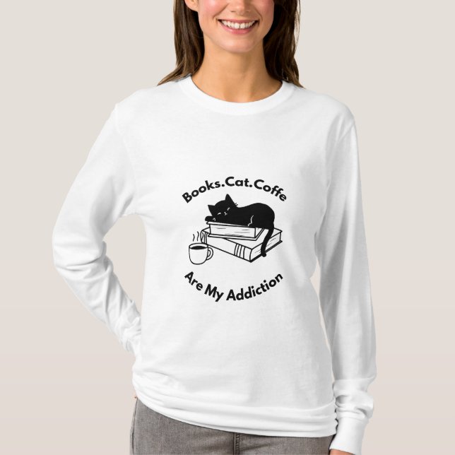 Camiseta Cat Coffee Book Lover T-Shirt, Cozy Reader Aesthet (Frente)