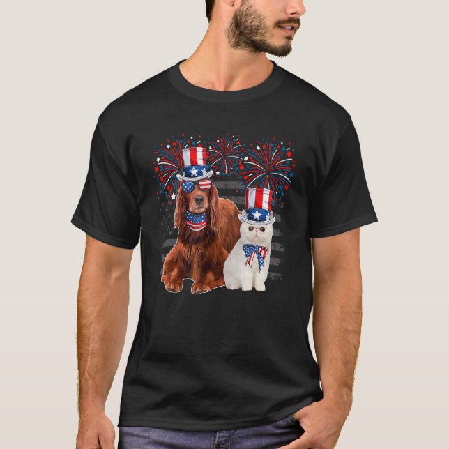 Camiseta Cat com Irish Setter Sunglass Bandeira Americana 4 (Frente)