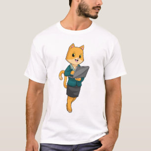 Camiseta Cat como Secretário com Laptop