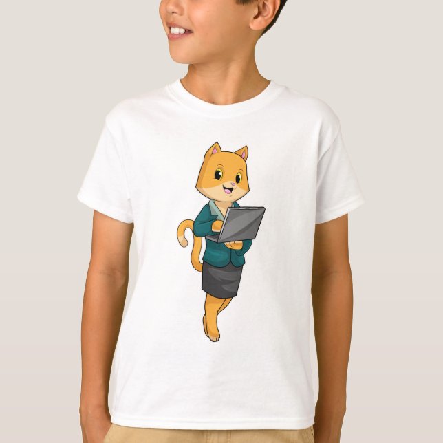 Camiseta Cat como Secretário com Laptop (Frente)