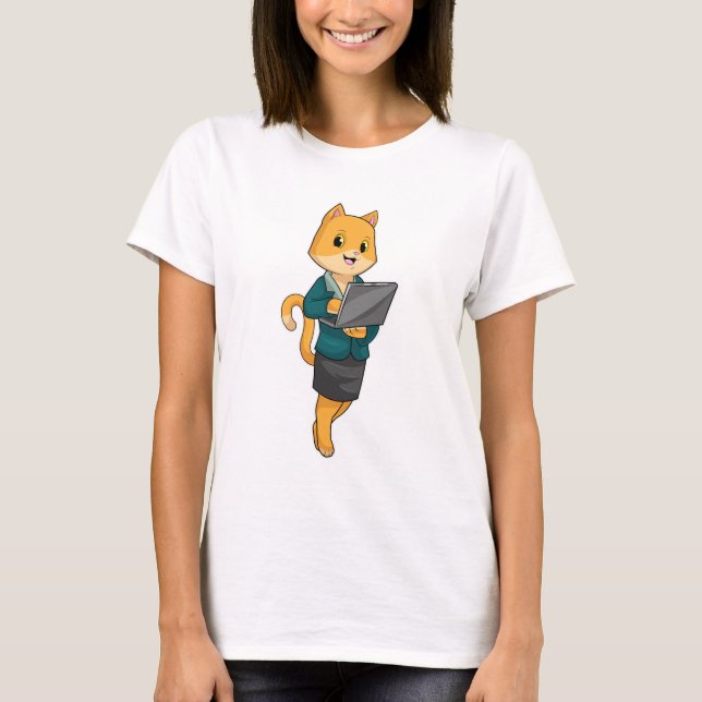 Camiseta Cat como Secretário com Laptop (Frente)