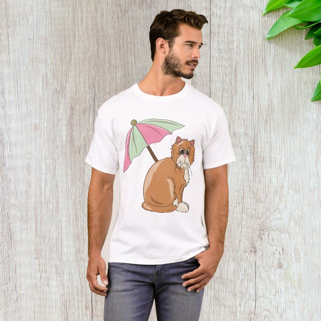 Camiseta Cat de praia com guarda-chuva rosa e verde (Criador carregado)