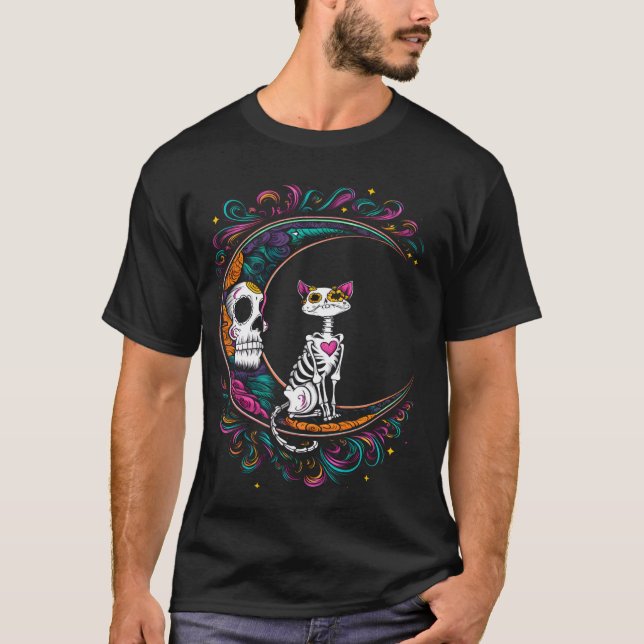 Camiseta Cat Dia De Los Muertos Sugar Skull Halloween Costu (Frente)