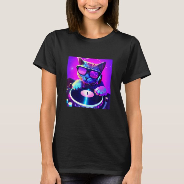 Camiseta Cat DJ Vaporwave Aestética Men Meninas A (Frente)