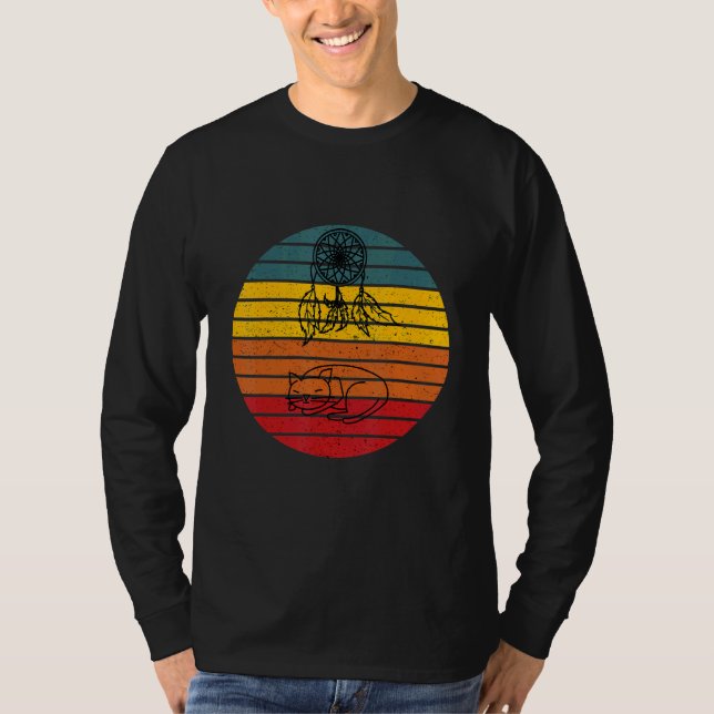 Camiseta Cat Dreamcatcher Retro Sunset Design (Frente)