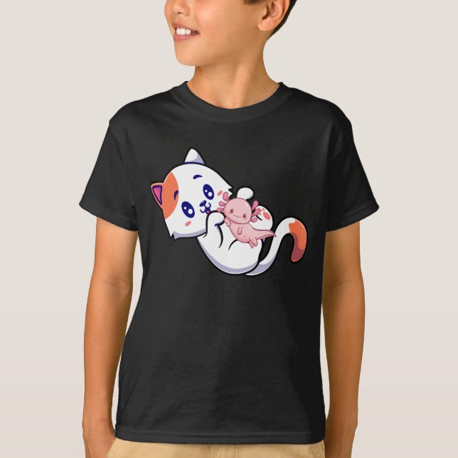 Camiseta Cat e Axolotl Kawaii Neko Anime Boy (Frente)