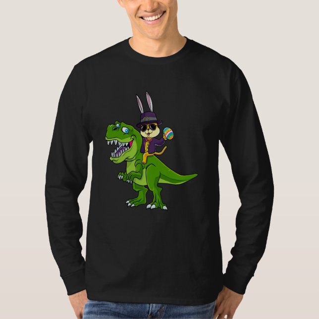 Camiseta Cat Easter Bunny Riding Dino Trex Egg Hunt Dinosau (Frente)