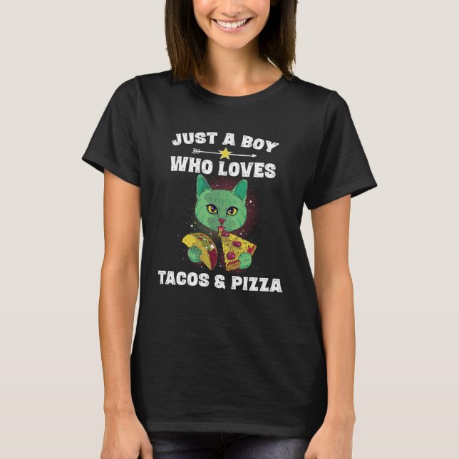 Camiseta Cat Eating Pizza and Taco in Space  Saying  Boys (Frente)