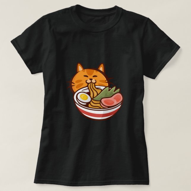Camiseta Cat Eating Ramen Japan Kitten Kitty Pet Animal Gif (Frente do Design)