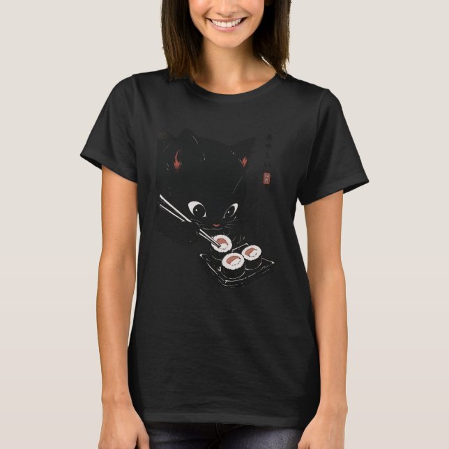 Camiseta Cat Eating Sushi Funny Japanese Kawaii Cat Anime L (Frente)