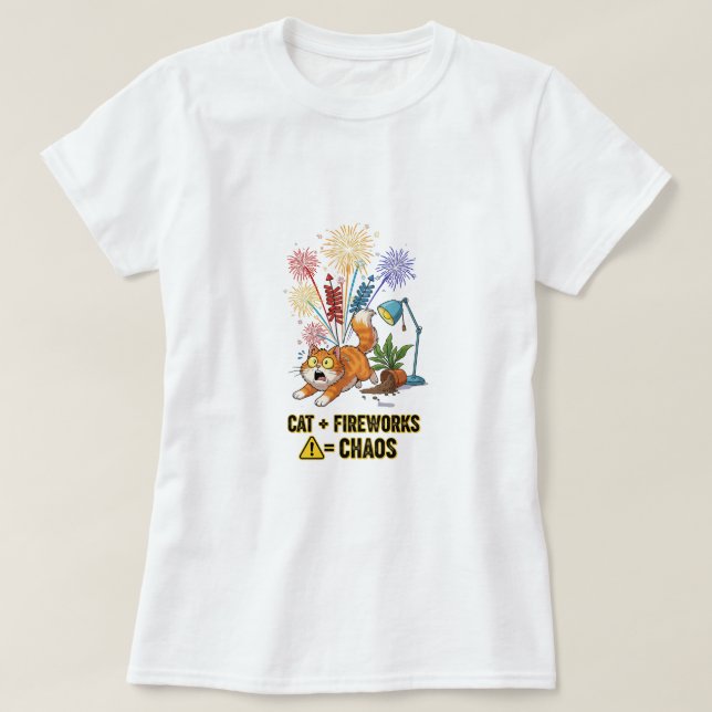 Camiseta Cat + Fireworks = Caos - T-Shirt Engraçado Proprie (Frente do Design)