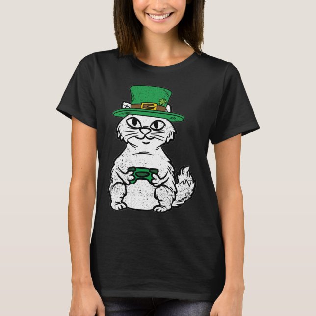 Camiseta Cat Gamer St Patricks Day Funny Video-game Control (Frente)