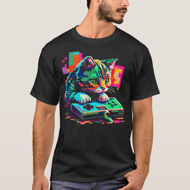 Camiseta Cat Gaming 8-bit Gaming Cat Pixel Art Gamer Kitten (Frente)