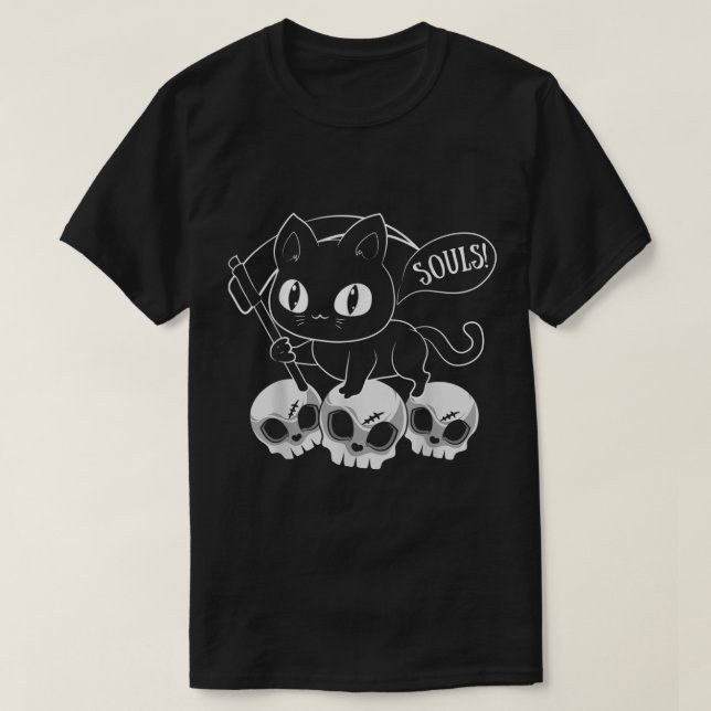 Camiseta Cat Grim Reaper E Gato De Skulls Pegaram Seu Alho  (Frente do Design)