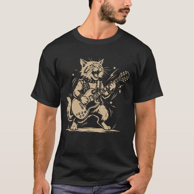Camiseta Cat Guitar Music Lover Cartoon Animal Design (Frente)