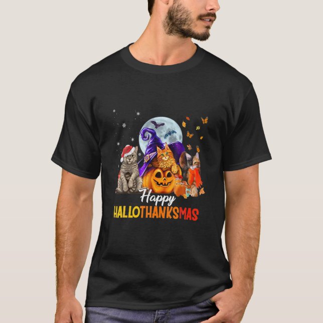 Camiseta Cat Halloween E Feliz Natal HalloGraças (Frente)