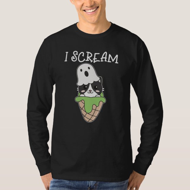 Camiseta Cat Halloween Ghost I Gritar Sorvete Pun (Frente)