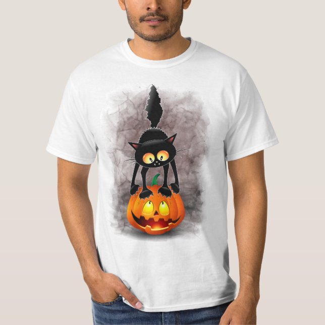 Camiseta Cat Halloween Personagem de desenho animado assust (Frente)