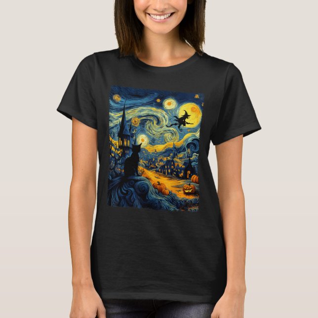Camiseta Cat Halloween Van Gogh Starry Night Pumpkin Men Wo (Frente)