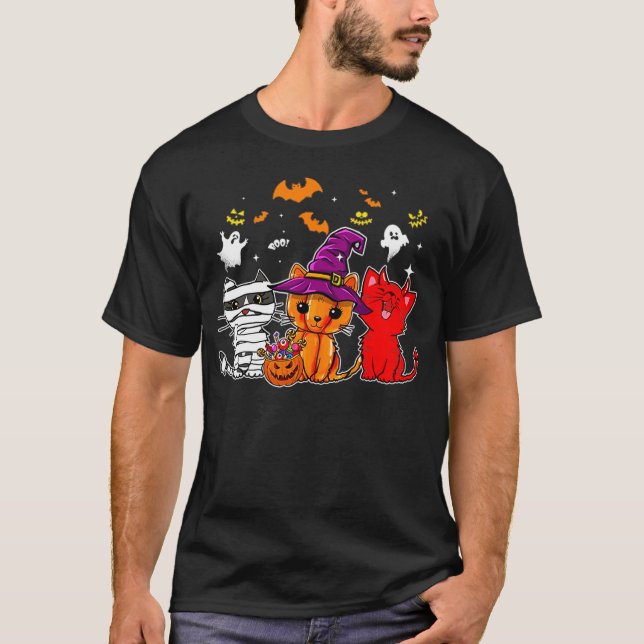 Camiseta Cat Happy halloween, Cute mummy witch demon cat fu (Frente)